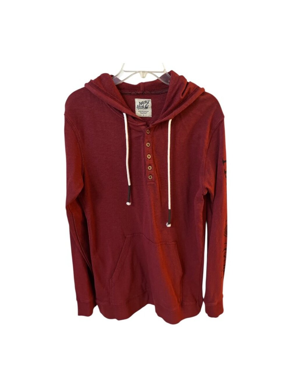 Maui Hook Hoodie Mens L Red Henley Hooded Pullover Surf Fishing Graphic Sleeve